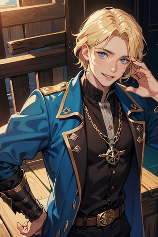 dark blue eyes, natural blonde hair, male, adult, smile, sunshine, pirate, moles on the face