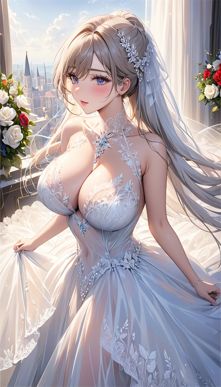 masterpiece:1.4,best-quality,Super Detail,Very Delicate and Beautiful, ( nsfw, 29 years old beautiful woman, long hair ), very gigantic , very slender,  sheer ball gown, lace ball gown, see-through ball gown