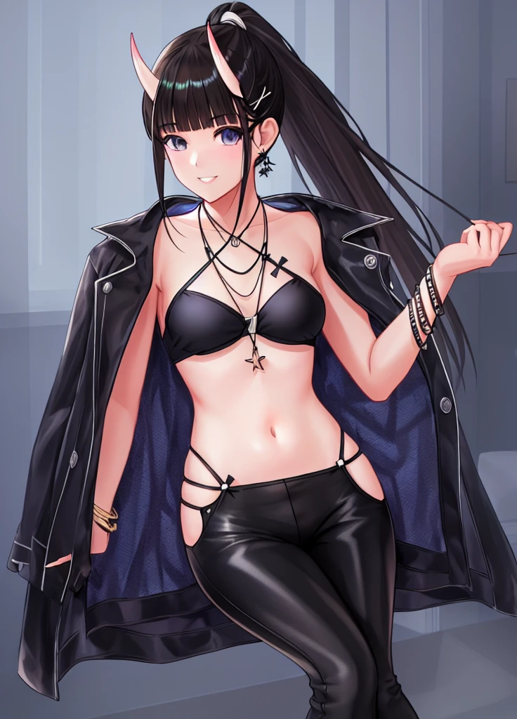 1girl, city,BREAK zozo-nosiro,oni horns,black hair,black eyes, long hair, ponytail, black bikini,black jacket, boots, bracelet,black enamel pants,pendant, BREAK smile,sitting, BREAK, (dark light:1.2),(hyper extreme detailed),(masterpeace:0.5),(hyper extreme),(photorealistic),game cg,llustration,novel illustration,beautiful lighting,light from the front,