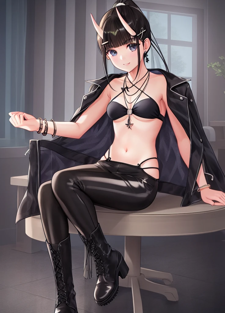 1girl, city,BREAK zozo-nosiro,oni horns,black hair,black eyes, long hair, ponytail, black bikini,black jacket, boots, bracelet,black enamel pants,pendant, BREAK smile,sitting, BREAK, (dark light:1.2),(hyper extreme detailed),(masterpeace:0.5),(hyper extreme),(photorealistic),game cg,llustration,novel illustration,beautiful lighting,light from the front,