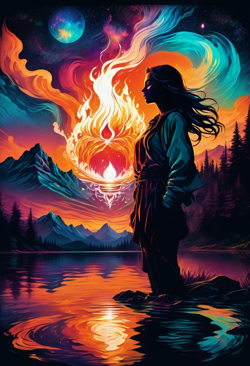 1girl, Campfire, aesthetic, (A beautiful sky, silhouette of a campfire, roaring fire, tent, on the shore by reflective crystal clear water, silhouettes of trees mountains, valleys, reflective clear water), hyperdetailed, color gradient, deep color, complementary colors, beautiful, complex, cosmic, elaborate ethereal, twilight, movement, calm, sincere, faith, perfect reflection