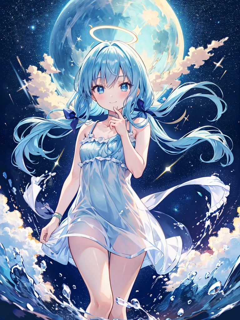 Top Quality, Masterpiece, Ultra High Resolution, Pretty Facial Features, Flat Design, Shoshi no Ko, Hoshino Ai, simple background, giant stars, ziyu, colorful, cute girl standing in water, starry sky in background, huge full moon, water ripples ,(((???))),(((don't wear anything))),(((show her Vagina))),(((show her breasts))),(((small breasts))),(((nude))),(((loli))),(((forward)))