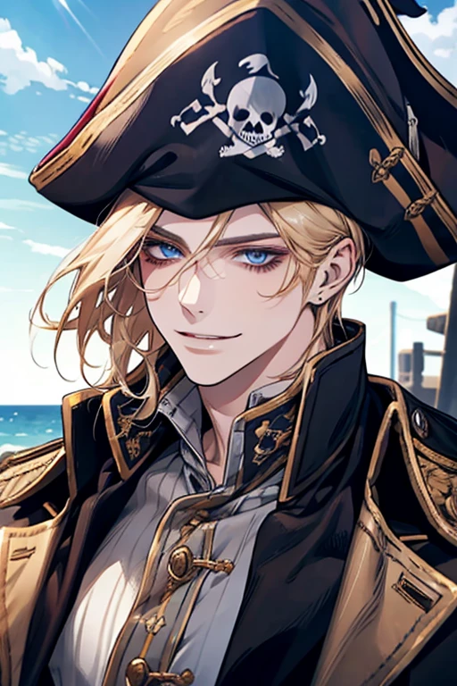dark blue eyes, natural blonde hair, male, adult, smile, sunshine, pirate, moles on the face