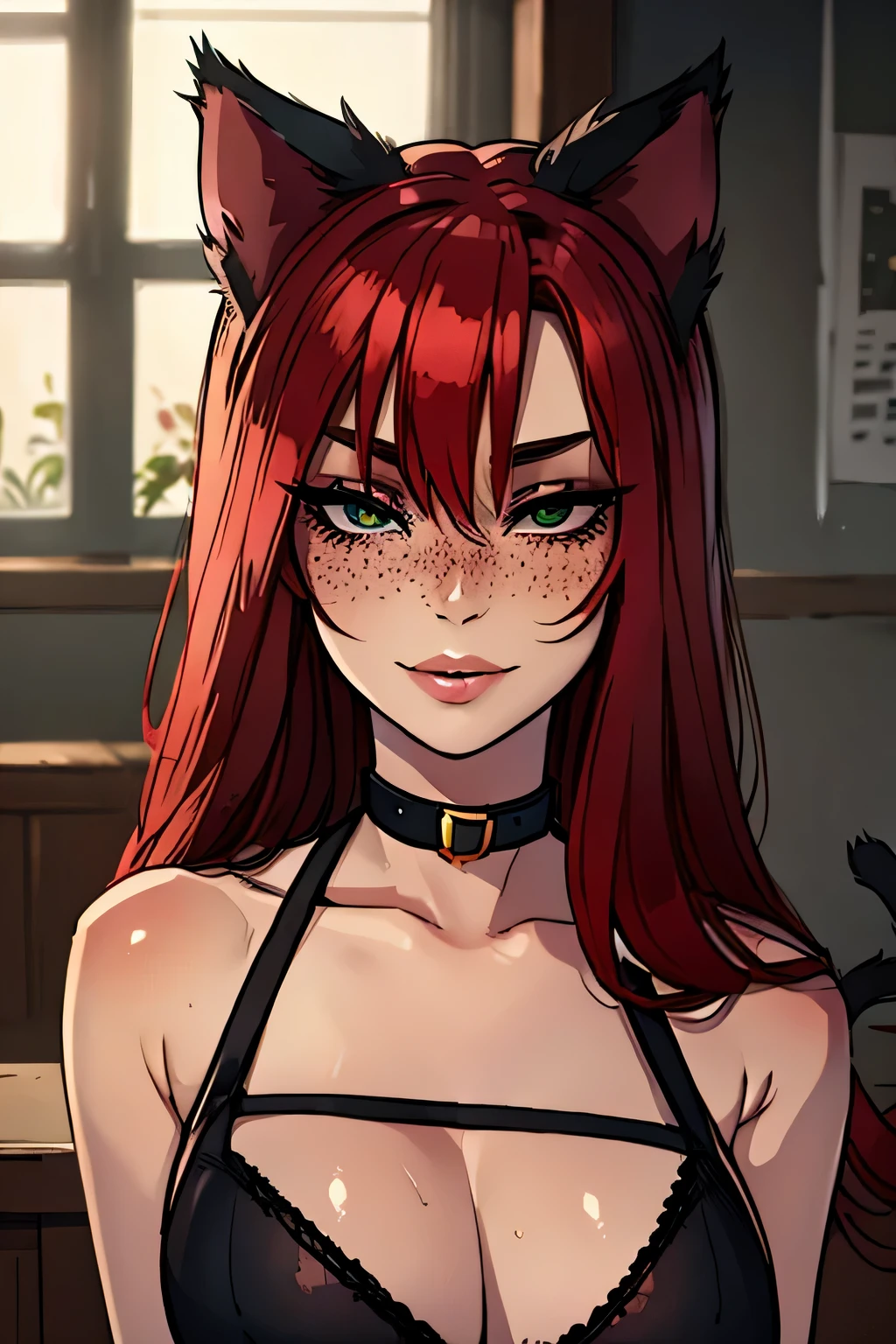 Masterpiece, best quality, portrait, cat girl, pale skin, red curly hair and red cat ears, finger on lips, lingerie, dark green eyes, doesn't wear makeup, red cat ears, bubbly attitude, happy eyes, cute and seductive, freckles, beautiful, girl next door, collar