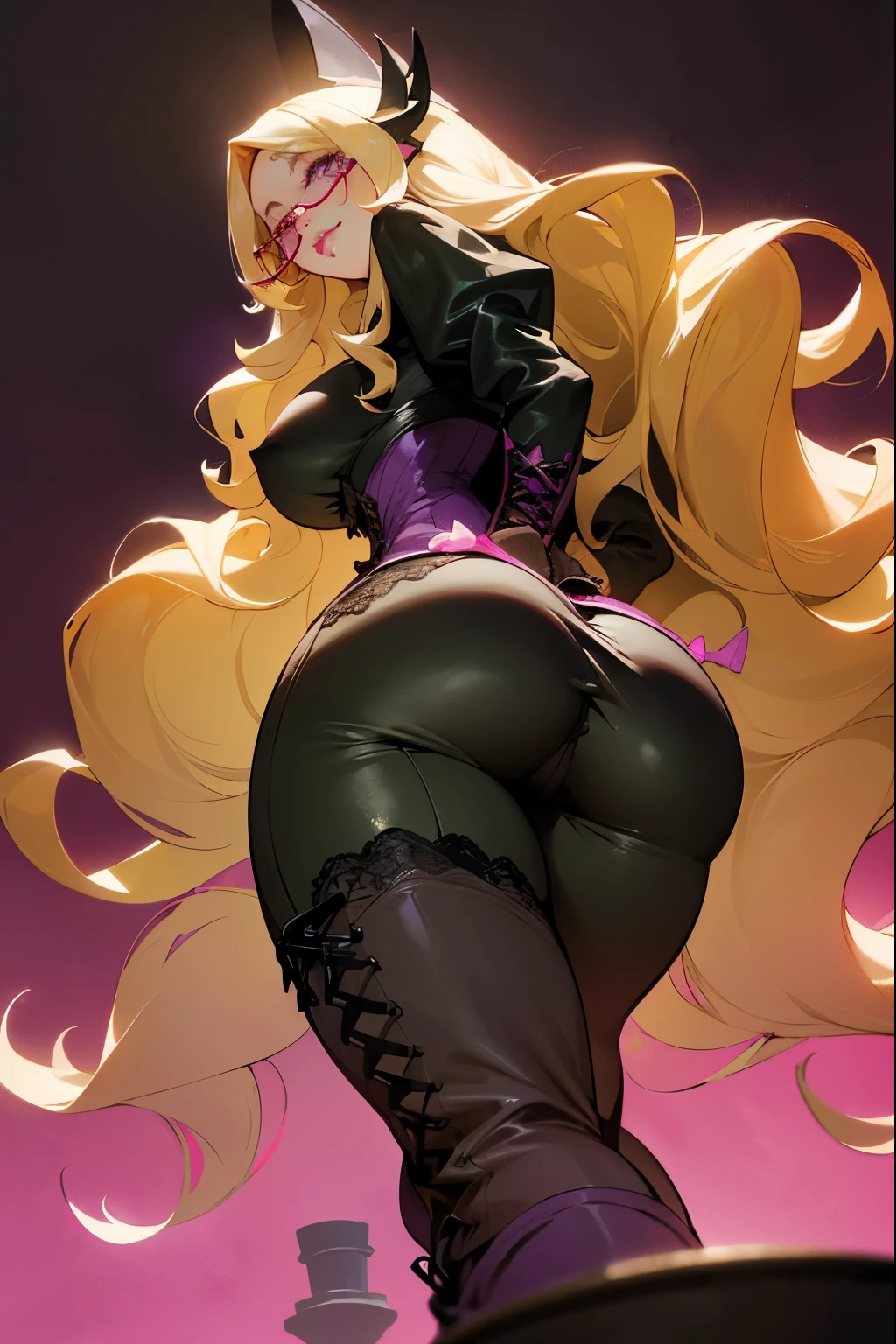 Long wavy blonde hair, green eyes, glasses, pink bow, massive , big ass, juicy lips, big lips, droopy purple eyes, massive lashes,smiling, ((platform boots)), gothic clothes, dark makeup, lace, corset, ((plain background)), ((standing on dick)), cock , from below,cute room, bedroom, planted pots