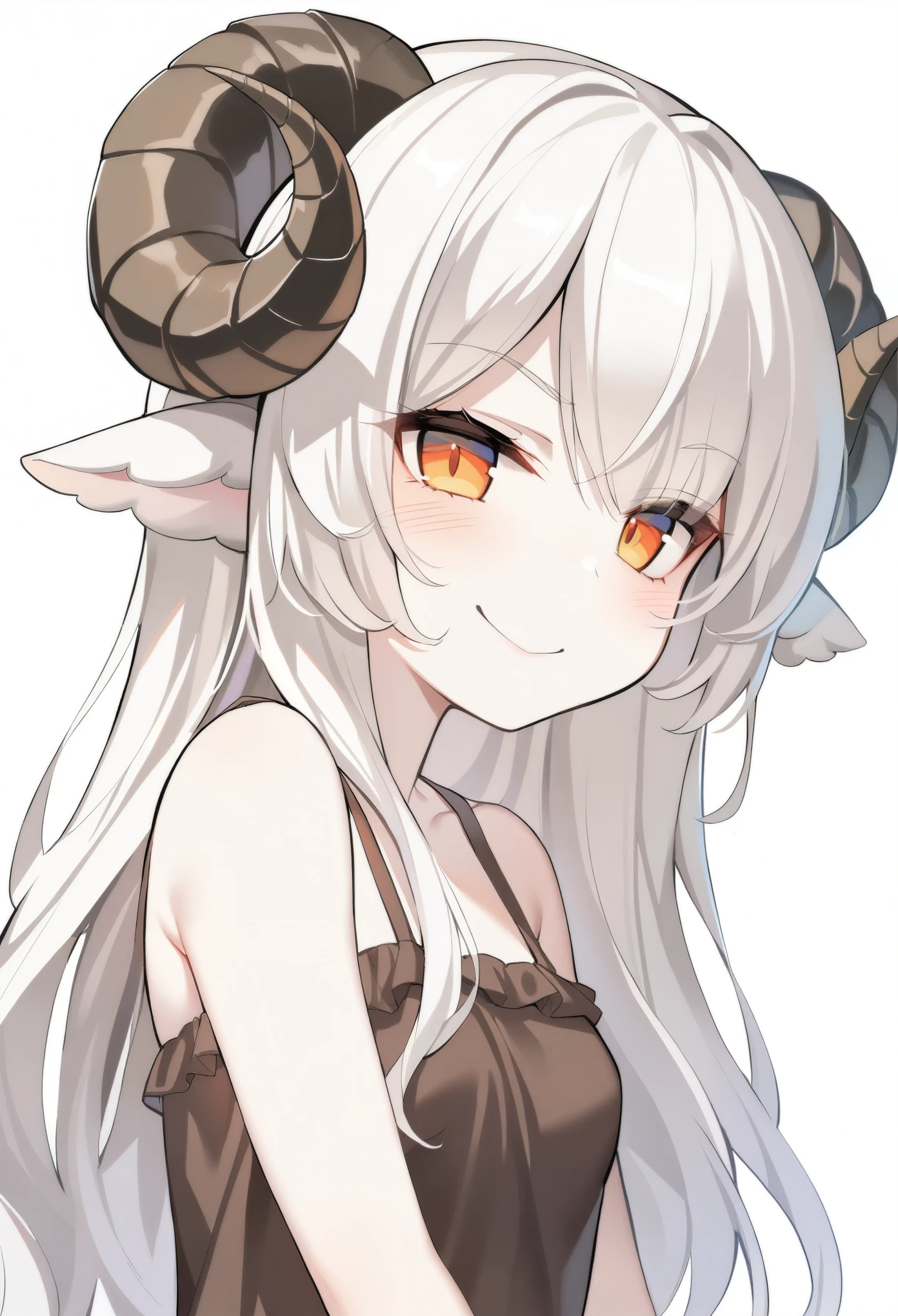 1girl, solo, score_9_up, Monstergirl Encyclopedia, sheep horns, curled horns, sheep ears, white hair, long hair, messy hair, long bangs, pale skin, orange eyes, smile, smug, stoic, small breasts, standing, (dark brown dress, sundress), (white background, simple background), upper body, masterpiece, best quality