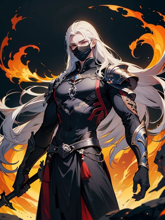 The character described is a tall, Homem musculoso, with an imposing appearance. Ele tem olhos de cor carmesim, que emanam um brilho intenso e cativante. They have long hair,It's completely white, adding an element of distinction to your look. Ele usa um casaco preto,Cobre a maior parte do seu corpo, giving it an air of elegance and mystery. Por baixo do sobretudo, Ele estava primorosamente vestido、Adapted clothing, which further underscore his athletic figure. Essas roupas, although they are not specified, convey the idea of sophistication and good taste. The man in question emanates a mysterious and haunting aura, implying that there is something intriguing and enigmatic about him. His presence is intense and imposing, able to hold the attention of the people around you. Behind him, revela-se um mundo em chamas. This image suggests that it has some connection to destruction and chaos, perhaps being a figure related to the catastrophic outcome or darkness. Para cobrir seu rosto, He wears a solid white mask, que esconde completamente sua identidade, leaving only his crimson eyes visible. This mask adds an enigmatic and sinister touch to your appearance, suggesting that he has secrets or hidden intentions. No geral, This character is portrayed as an enigmatic figure, poderosa e sombria, whose presence is marked by mystery, Grandeur and a sweeping world on fire.S,arte inicial, arte inicial, league of legends arte inicial, Artisticamente, pinceladas, obra-prima, 8k, ultra-detalhado, hard disk,