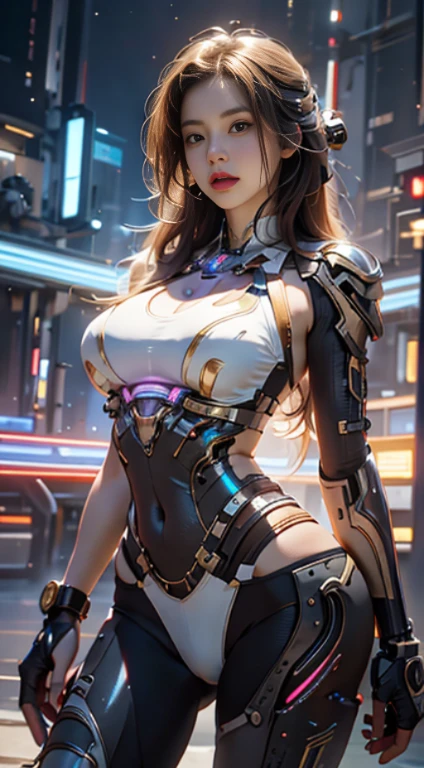 Virtual image,Realistic 8K images,hips up,Masterpiece,Complete Anatomy,Complete dynamic composition,morning sun,Light hits the front,young woman with long brown hair,cybernetic robot,Bikini body - white_orange_gold_metal,,white tank top,Abstract city background at night