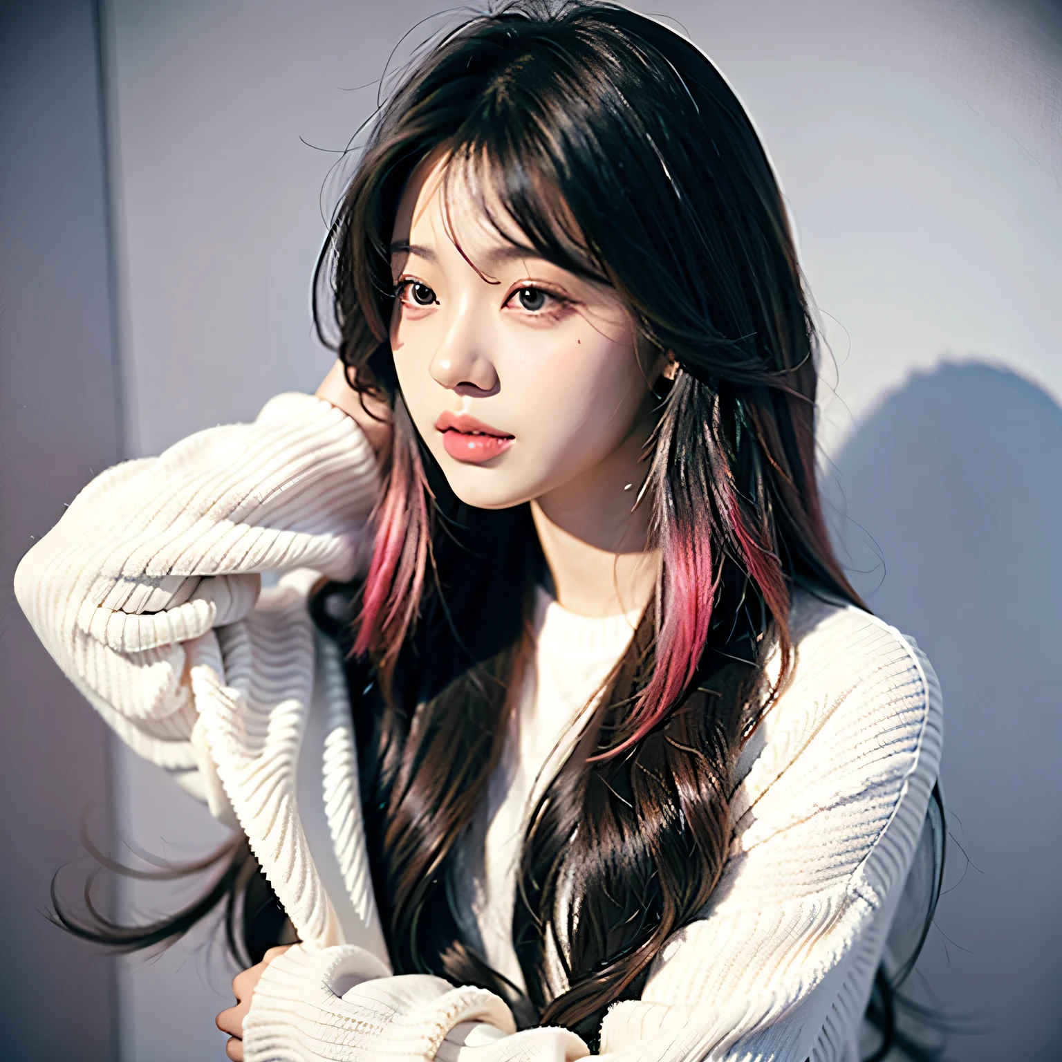 1girl, medium hair, ombre hair color, plain background, idol kpop looks