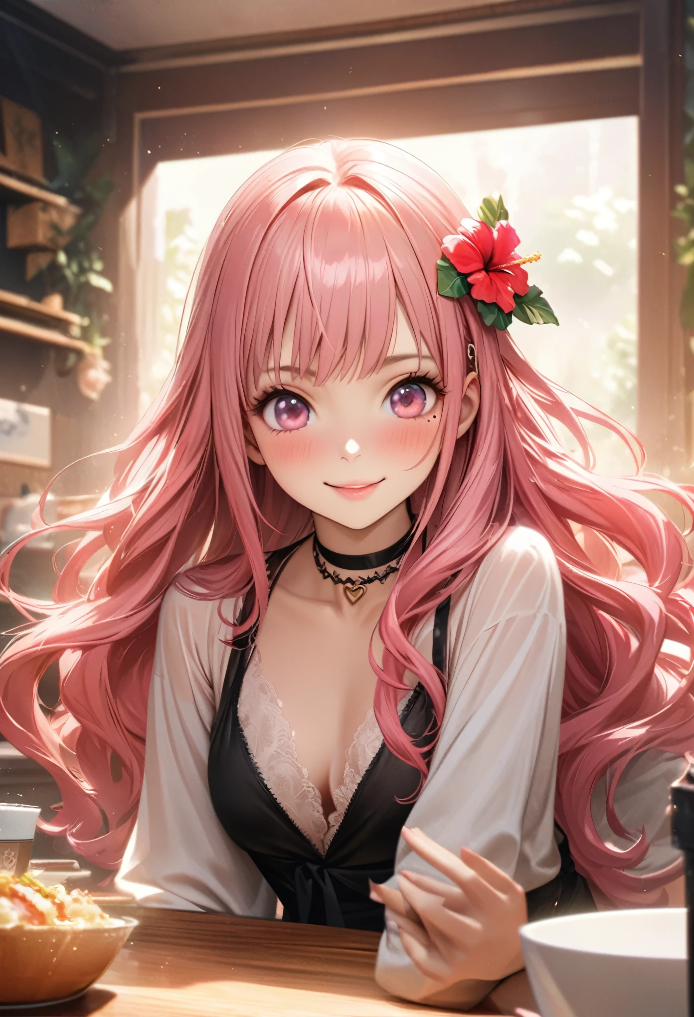 masterpiece, highest quality, Very detailed, High resolution, Expensive resolution, High resolution, 4K, 8k, unity 8k wallpaper, Very detailed CG, masterpiece, Realistic、 Beautiful details, depth, Fine texture, highest quality: 1.3, Total concentration, Crisp skin, he, Very cute anime, Cute like an idol, expensive pink long hair, One Girl, Aloha One Piece, morning, morning食, Hibiscus Hair Accessories, Smiling long pink hair, whole body, Mole under eye, Line Sight, expensive, blush, Lips parted, heart, Pink Eyes, choker