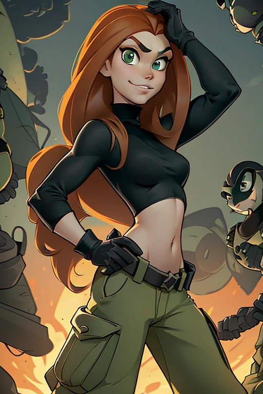 (kim possible, long hair, green eyes, black turtleneck, navel, gloves, utility belt, cargo pants:1.3), smirk, outdoors, adjusting hair, Masterpiece, best quality, detailed background, intricate details, detailed