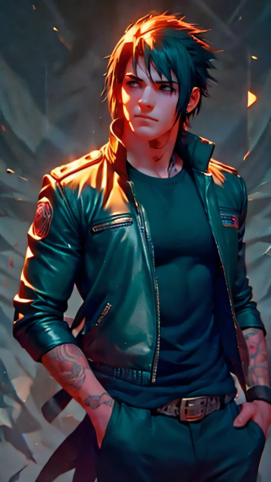 "(best quality, high resolution, ultra-detailed), a dark-haired, dark-eyed man wearing a leather jacket. The jacket is rolled up and pulled up to his elbow, revealing several tattoos on his neck and arms. He has a black t-shirt underneath The art is in a realistic style with vivid colors.The lighting is dramatic, with contrasting shadows and highlights against a monochromatic background.
