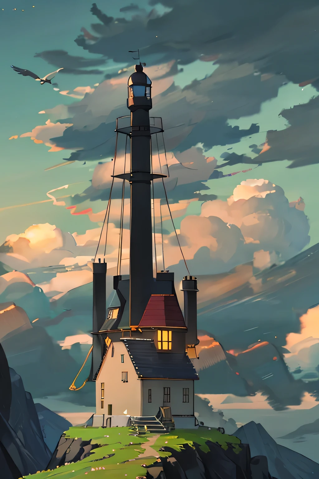 A mysterious old lighthouse, standing tall on a rocky seashore. Evening descends, painting the scene with hues of orange and blue. The crests of the waves dance in the distance, their white foamy caps glistening under the setting sun. Two seagulls are visible, silhouetted against the sky, their wings spread wide as they glide through the air. The lighthouse's beacon casting an atmospheric glow, adding to the dreamy and enchanting mood. Ultra-detailed, masterpiece, 8K, HDR, realistic rendering, muted tones, clean lines, intricate, physically-based, professional, depth of field