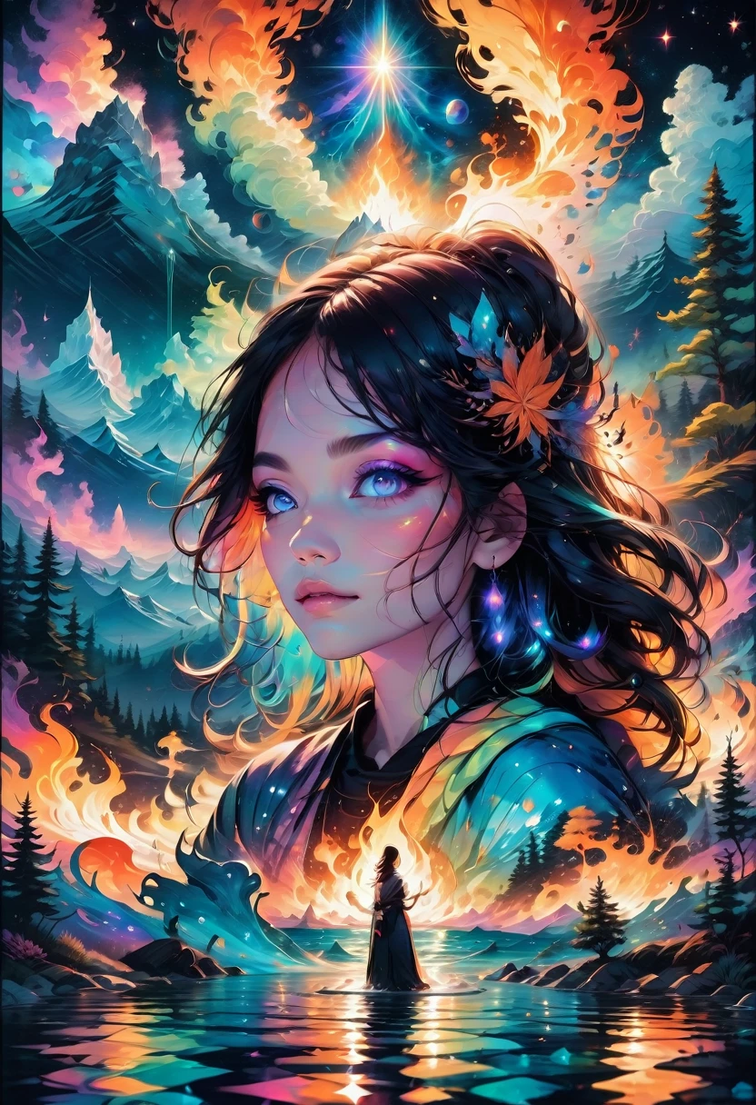 1girl, Campfire, aesthetic, (A beautiful sky, silhouette of a campfire, roaring fire, tent, on the shore by reflective crystal clear water, silhouettes of trees mountains, valleys, reflective clear water), hyperdetailed, color gradient, deep color, complementary colors, beautiful, complex, cosmic, elaborate ethereal, twilight, movement, calm, sincere, faith, perfect reflection