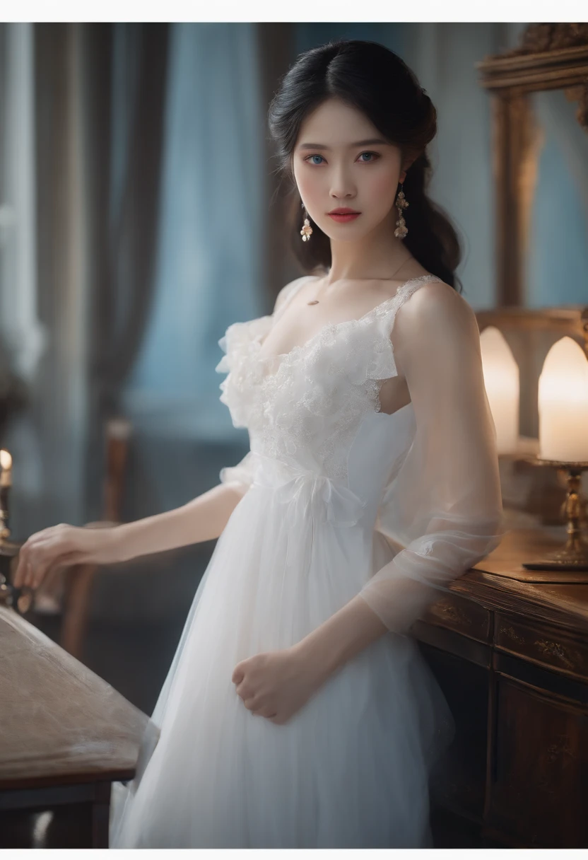 (best quality,Super detailed,Practical),portrait,,Black Hair,Blue pupils,Delicate face,Lovely,Lovely耳环,White Dress,In front of the bureau,surreal atmosphere,soft light