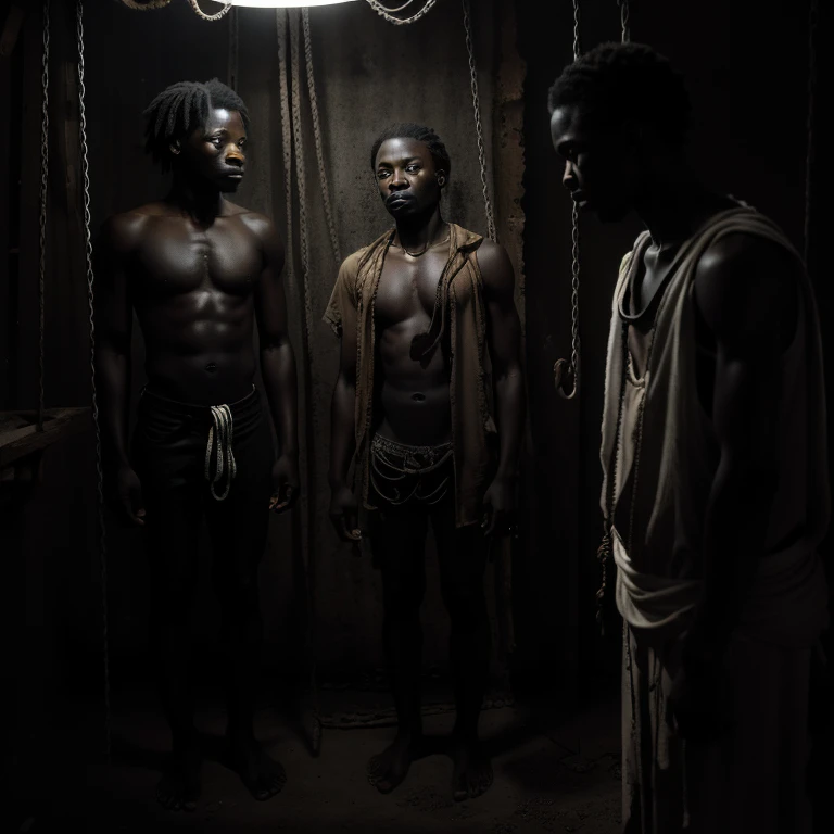 (Best quality, High resolution, Ultra-detailed: 1.0), Dramatic lighting: 0.8, Photo series of African slaves during the trade era, Historical significance, (Worn, torn clothes), Sad, Expressionless faces, Dusty, Textured skin, Scarred bodies, Chained arms, Shackled feet, Sun-kissed skin, Earthy tones, Desolate surroundings, (Slaves loading onto ships: 1.2), (Shadows: 0.5), (Natural lighting: 0.8), Authentic, (Black and white: 1.4), (Emphasis on the human condition: 1.1),