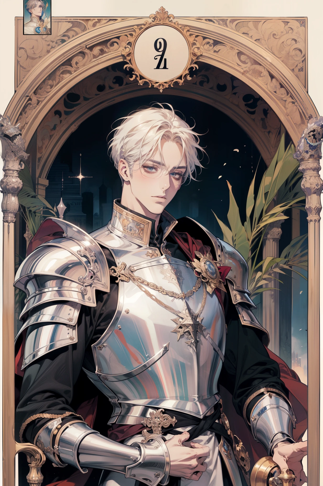 (disorganized, High resolution, Super detailed), 1 male, adult, good looking, tall and muscular man, broad shoulders, small eyes and small face, Knights \tarot\, royal knight, armor, sword, symbolism, visual art, occult, IWC, vision casting, philosophical, iconography, number arcane, popularity, Artistic, Alphonse Mucha