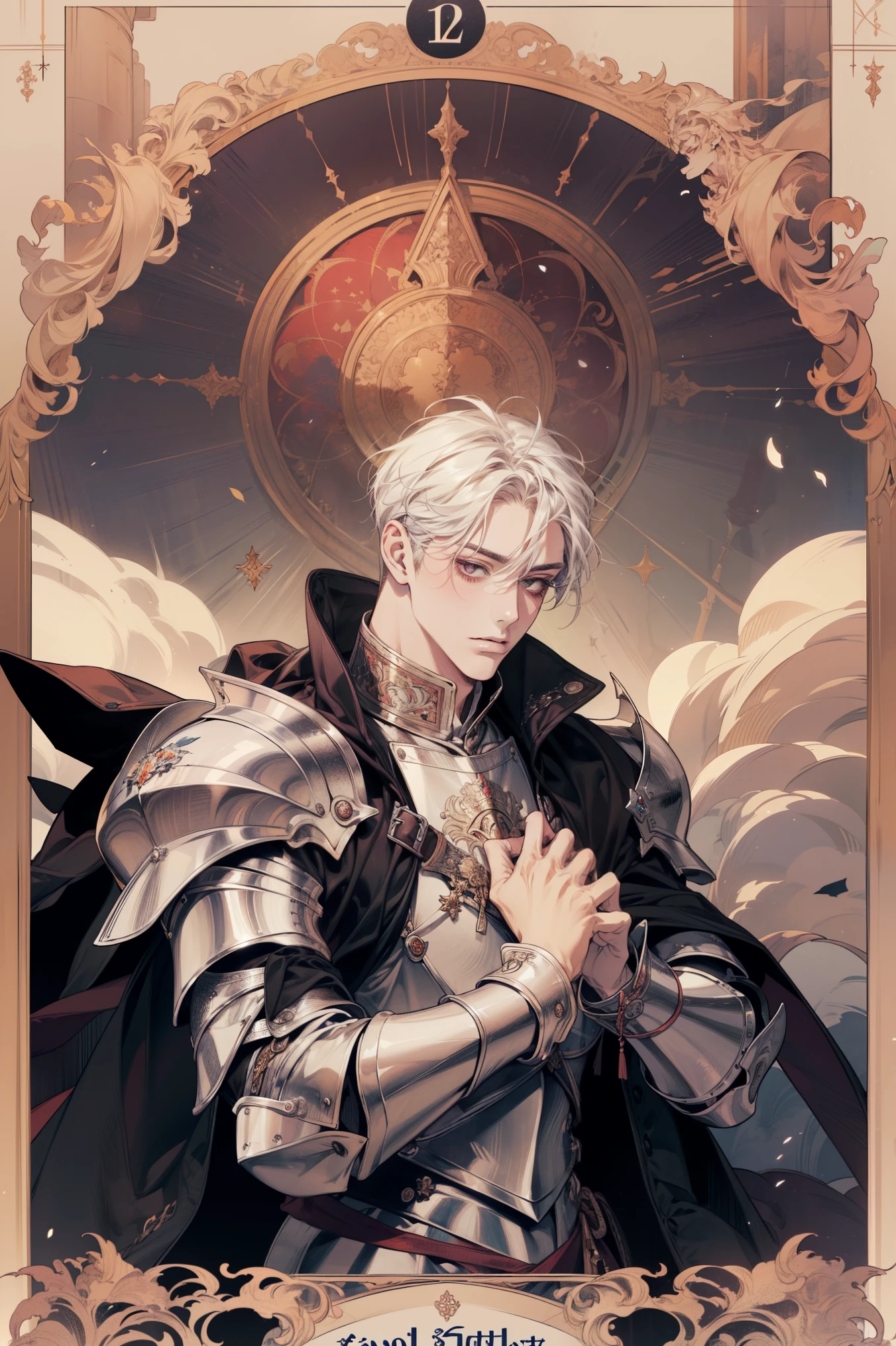(disorganized, High resolution, Super detailed), 1 male, adult, good looking, tall and muscular man, broad shoulders, small eyes and small face, Knights \tarot\, royal knight, armor, sword, symbolism, visual art, occult, IWC, vision casting, philosophical, iconography, number arcane, popularity, Artistic, Alphonse Mucha
