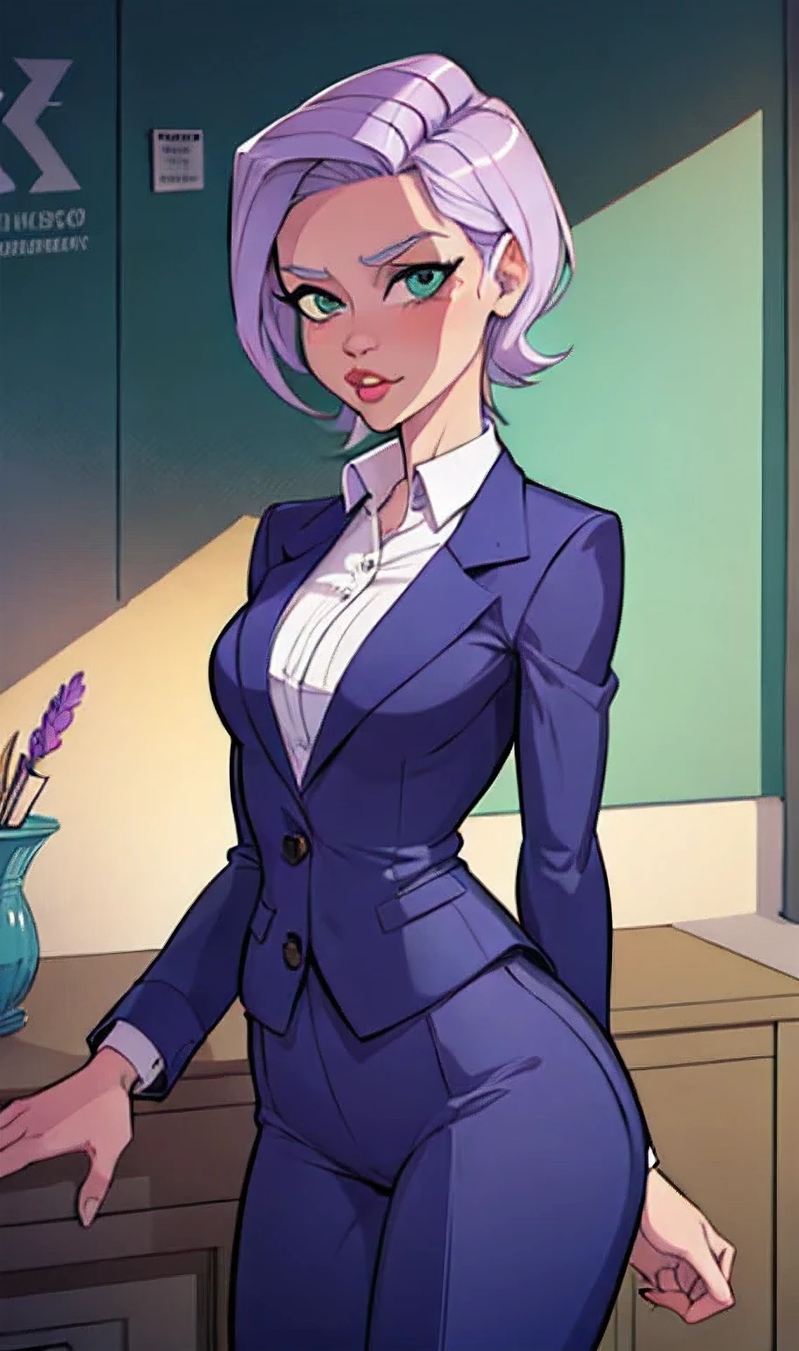 Best quality, masterpiece, 1 girl, turqoise office suit and pants, Medium short hair, lavender hair, cowboy shot, green eyes, office, secretary
