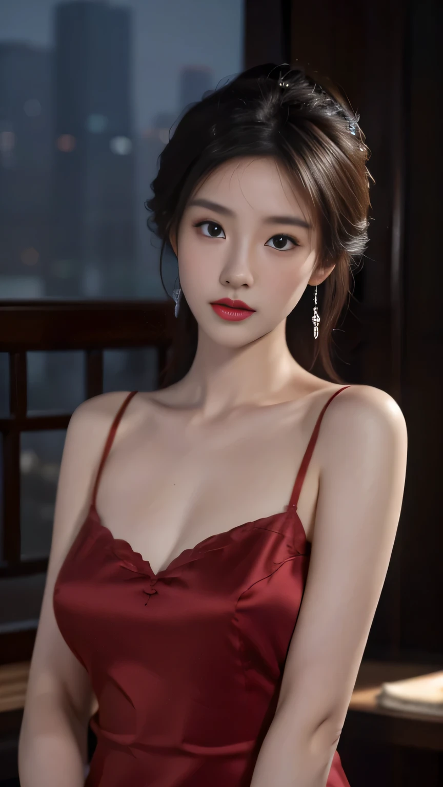 Night shot,A girl wearing a red silk cheongsam,Girl's hair style,Delicate and fair skin,Fine hair,Big bright eyes,Long eyelashes,Simple hair accessories,Tassel earrings,Oval face,Light eyeshadow and blush,Red lips,Delicate,Delicate clavicle,Full and firm breasts,Model figure,Curvy figure,Perfect body proportions,Thin waist,Detailed clothing details,Realistic,Look at the camera, masterpiece, RAW photo, 8k resolution, realistic, exquisitely detailed skin, masterpiece, best quality, unity 8k wallpaper, ultra detailed, cinematic look, natural skin texture, extremely realistic skin texture, finely detailed face,(film grain:1.2),cinematic angle, Fujifilm XT3, (highly detailed), (detailed lighting),(contrast),(mysterious atmosphere),vivid illumination, masterful technique, harmonious composition, immersive atmosphere, stunning visuals, best quality, official art, extremely detailed CG, highly detailed,