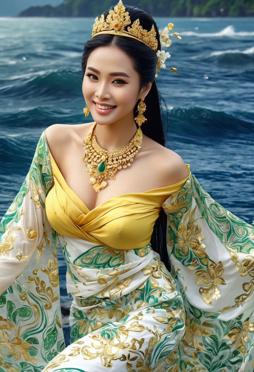 masterpiece, the best art, a beautiful Javanese woman, full body, long hair with the wind, smiling face and a little serious, beautiful woman with a charming smile, long hair, wearing a small gold crown, arranged jasmine (ronce) hanging down her chest from her ears to her chest, wearing a green camisole (kemben), lots of gold jewelry, yellow shawl, obi gold, lots of jewels, white batik finger cloth with parang motifs, looks like a very beautiful queen. blue and white billowing, standing on blue water with waves and with dramatic effect, surrounded by water swirling, creating a mystical atmosphere, fractal art, bright and glowing in the center with dark backgrounds, water manipulation, intricate details, hyperrealistic, full body