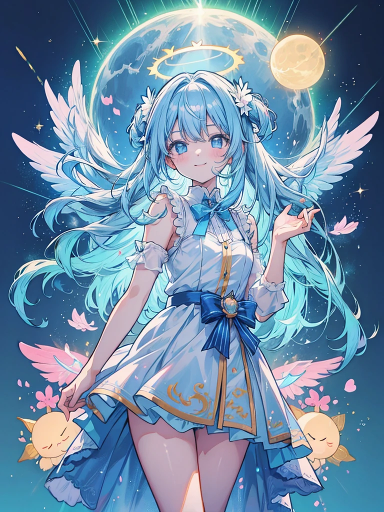 anime movie style thick outline,ultra detailed face,
halo,saint beam,saint shine star,
chou kawaii shota,light blue hair,loose long hair,
shota wearing light_blue see-though Tulle camisole dress,smile,in heaven,sparkling holy wind,
sun,moon,comet,