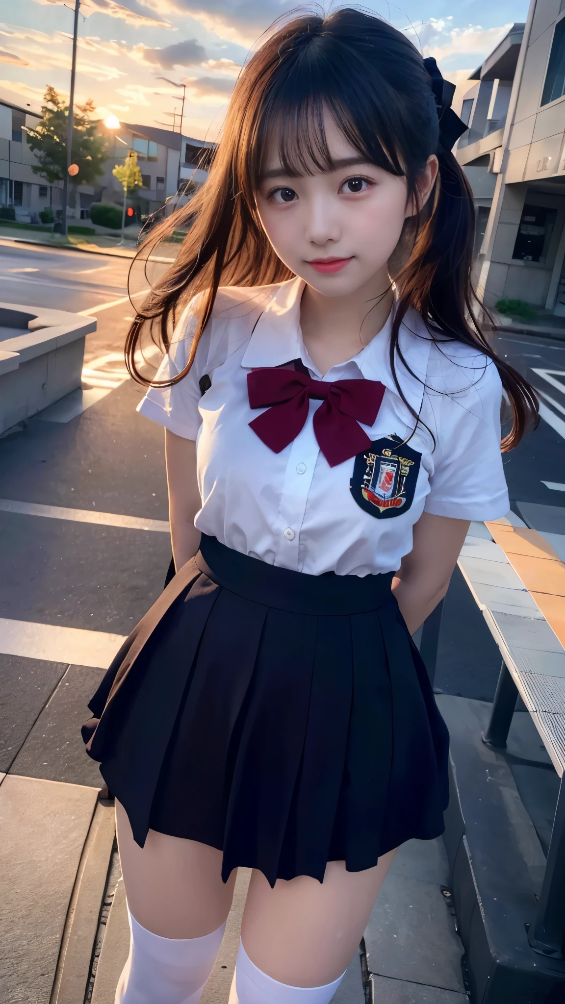 (Beautiful sunset:1.3), (Behind the school building:1.3), Confess to the opposite sex, ((whole body)), beautiful girl, (Idol Face), high school student, ((Baby Face)), (Cute Uniform:1.2), A bow tie, semi-long, (Two Side Up), (Knee-high socks), (Slim thighs:1.3), (Detailed eyes:1.2), (Moisturizing eyes:1.4), (Beautiful breasts:1.3), (Shedding tears of joy:1.3), (Clear white skin:1.2), (Detailed skin texture), (Natural lighting), (nffsw++:1.1), (Ultra-high resolution), (highest quality), Improvement of quality, (Ultra-detailed), Accurate Color, (Photorealistic), (Accurate Shadows), (Delicate girl), (Digital single-lens reflex camera), Sophisticated, Film Grain, chromatic aberration, (looking at the camera:1.2)