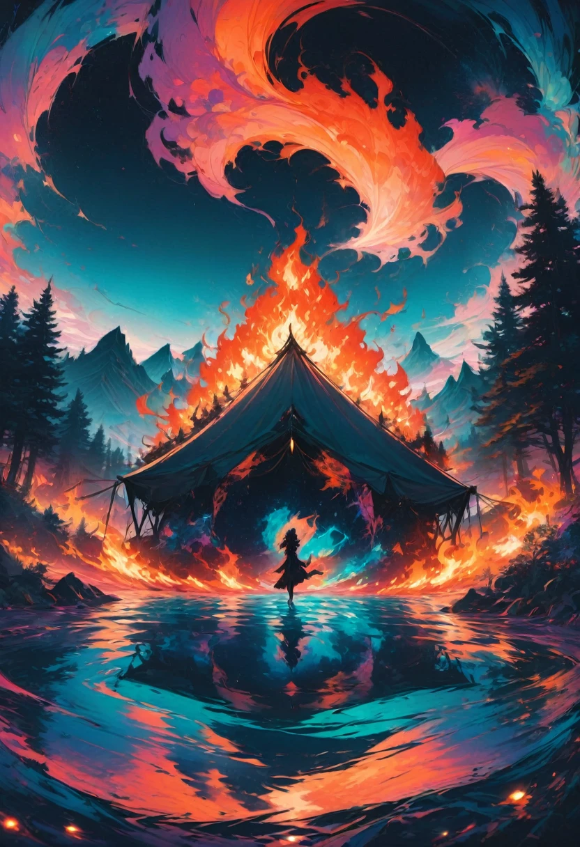 1girl, Campfire, aesthetic, (A beautiful sky, silhouette of a campfire, roaring fire, tent, on the shore by reflective crystal clear water, silhouettes of trees mountains, valleys, reflective clear water), hyperdetailed, color gradient, deep color, complementary colors, beautiful, complex, cosmic, elaborate ethereal, twilight, movement, calm, sincere, faith, perfect reflection