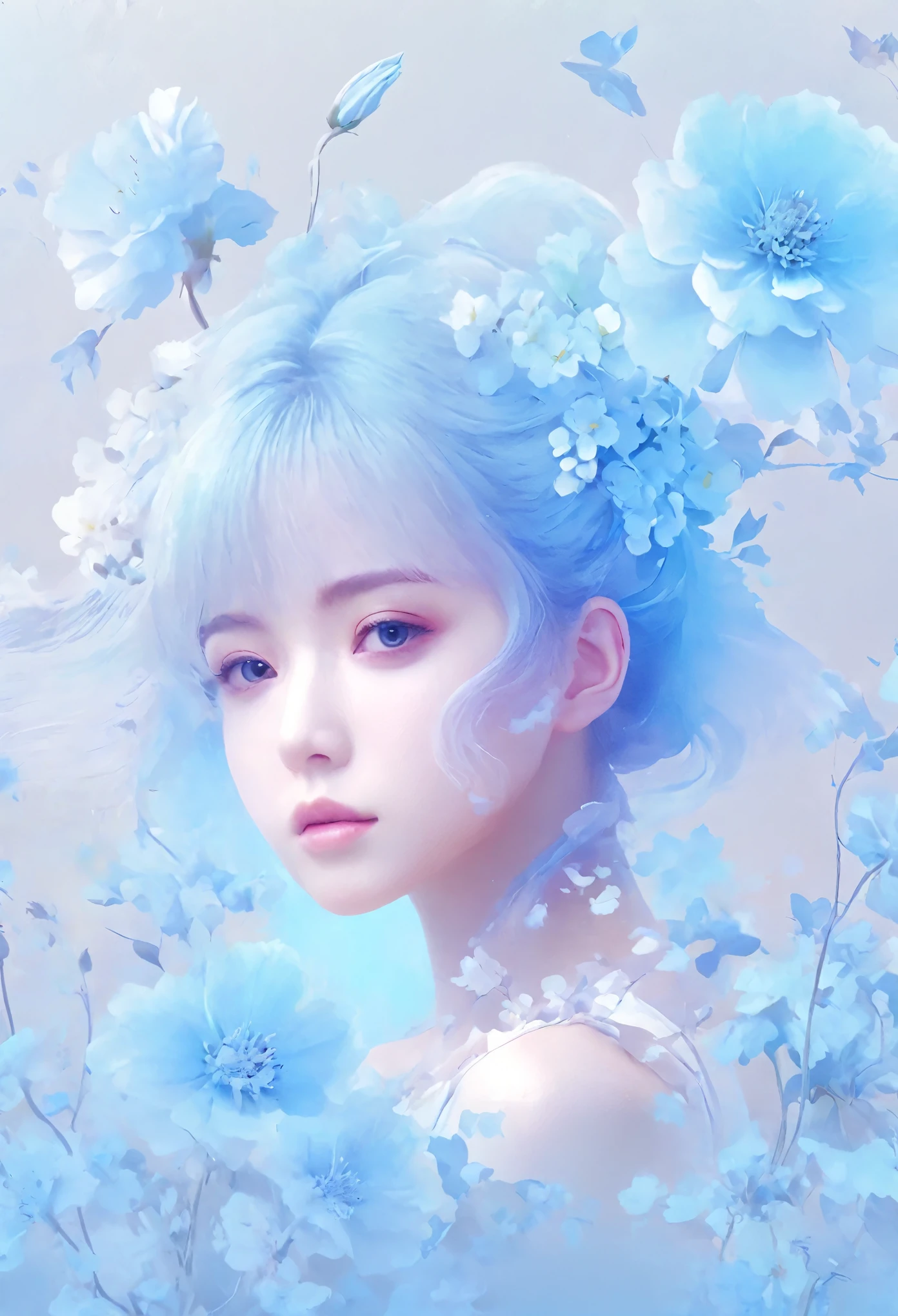 Anime style,Woman and flowers photography,Delicate face,abstract,Background solid color,Light blue gradient,Low saturation,Characters are transparent,HD,Creative photography,Aesthetic enhancement