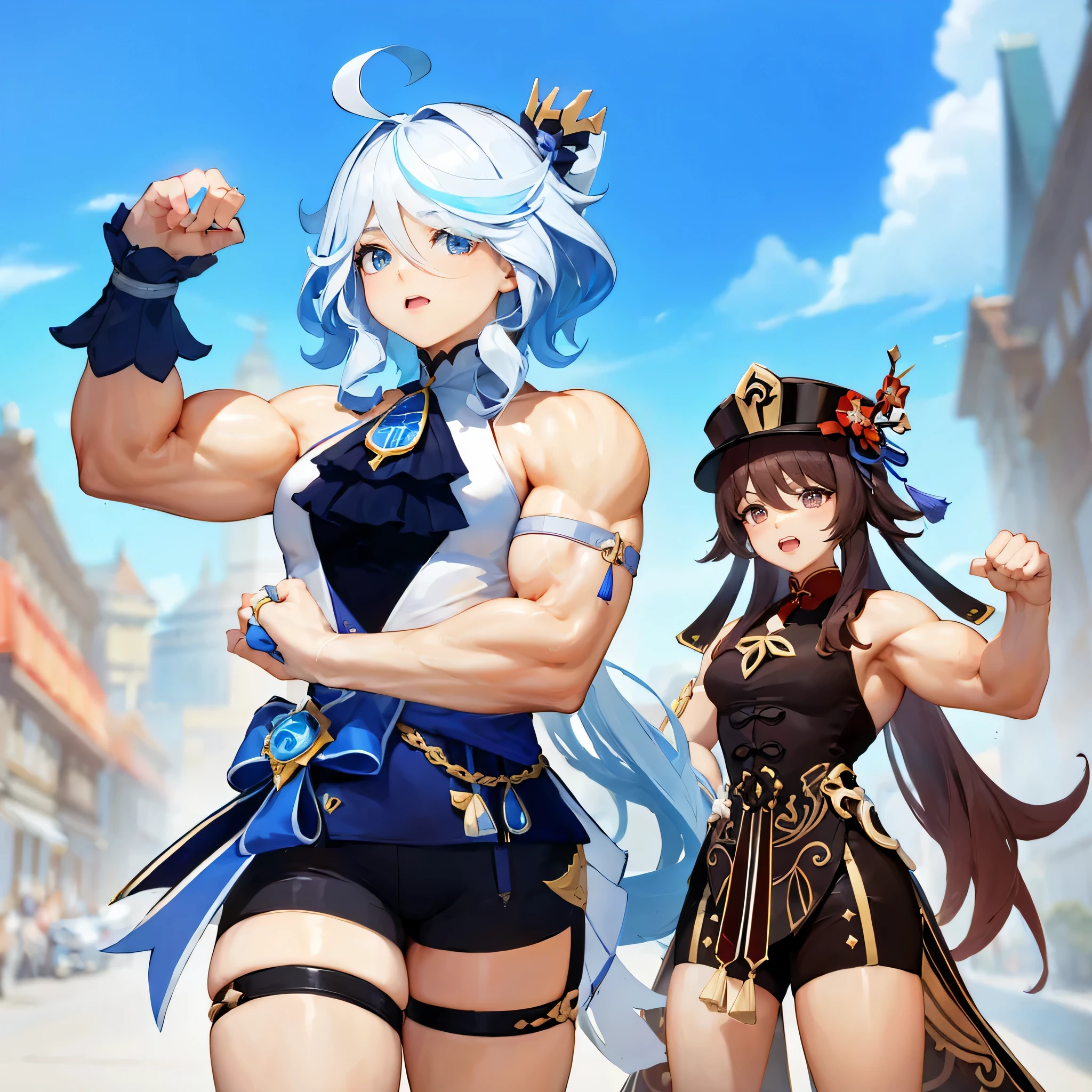 2girls,muscular female,shopping, furina hu tao (genshin impact),dress, alternate muscle size, biceps,best quality,muscular,happy,