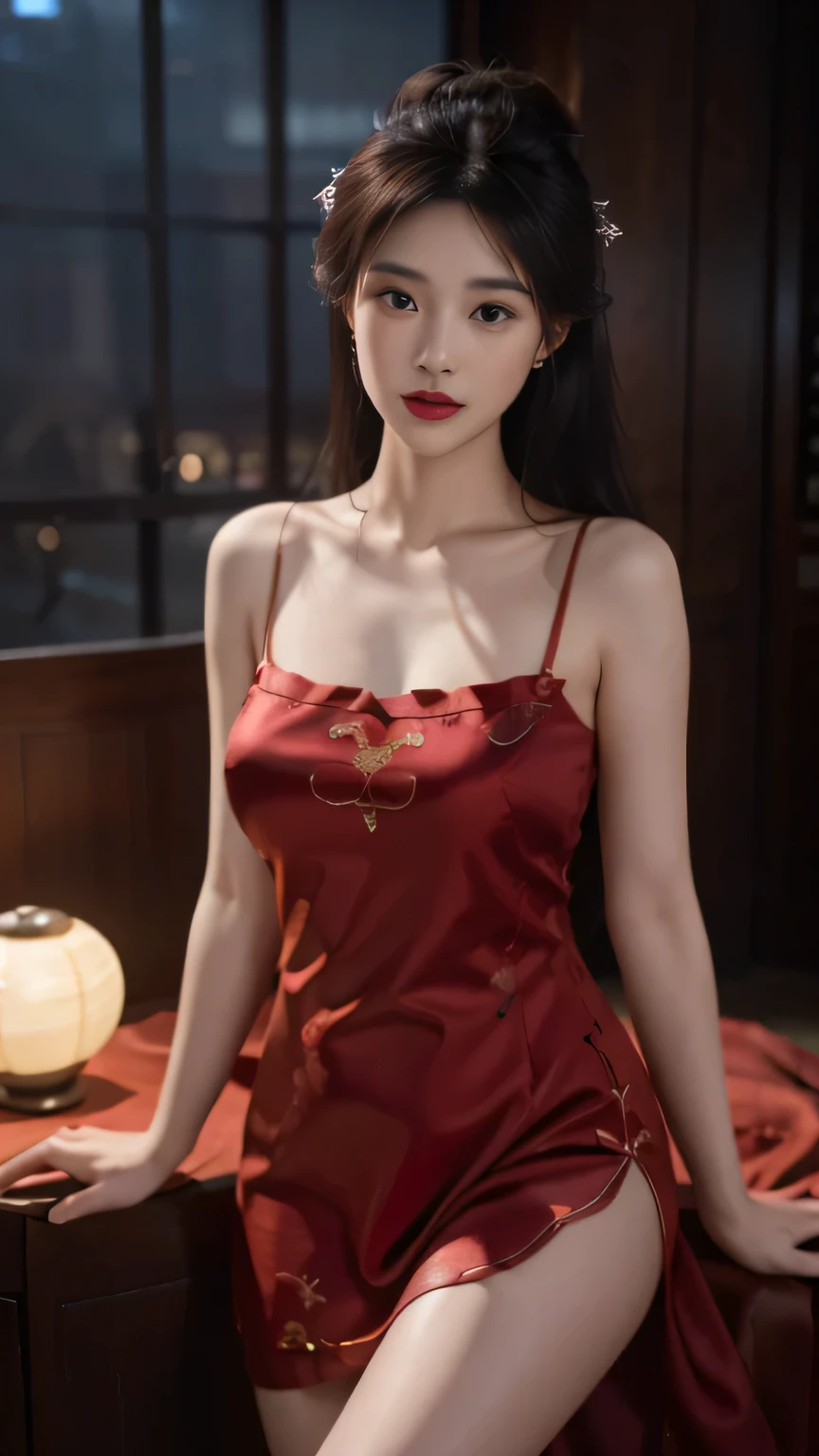 Night shot,A girl wearing a red silk cheongsam,Girl's hair style,Delicate and fair skin,Fine hair,Big bright eyes,Long eyelashes,Simple hair accessories,Tassel earrings,Oval face,Light eyeshadow and blush,Red lips,Delicate,Delicate clavicle,Full and firm breasts,Model figure,Curvy figure,Perfect body proportions,Thin waist,Detailed clothing details,Realistic,Look at the camera, masterpiece, RAW photo, 8k resolution, realistic, exquisitely detailed skin, masterpiece, best quality, unity 8k wallpaper, ultra detailed, cinematic look, natural skin texture, extremely realistic skin texture, finely detailed face,(film grain:1.2),cinematic angle, Fujifilm XT3, (highly detailed), (detailed lighting),(contrast),(mysterious atmosphere),vivid illumination, masterful technique, harmonious composition, immersive atmosphere, stunning visuals, best quality, official art, extremely detailed CG, highly detailed,