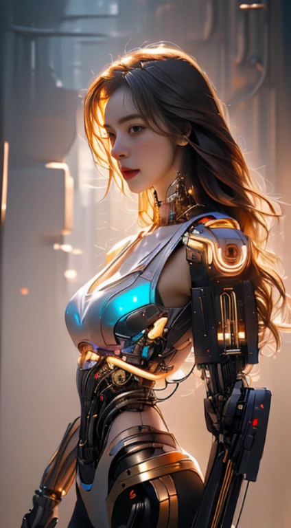 Virtual image,Realistic 8K images,hips up,Masterpiece,Complete Anatomy,Complete dynamic composition,morning sun,Light hits the front,young woman with long brown hair,cybernetic robot,Bikini body - white_orange_gold_metal,,white tank top,Abstract city background at night