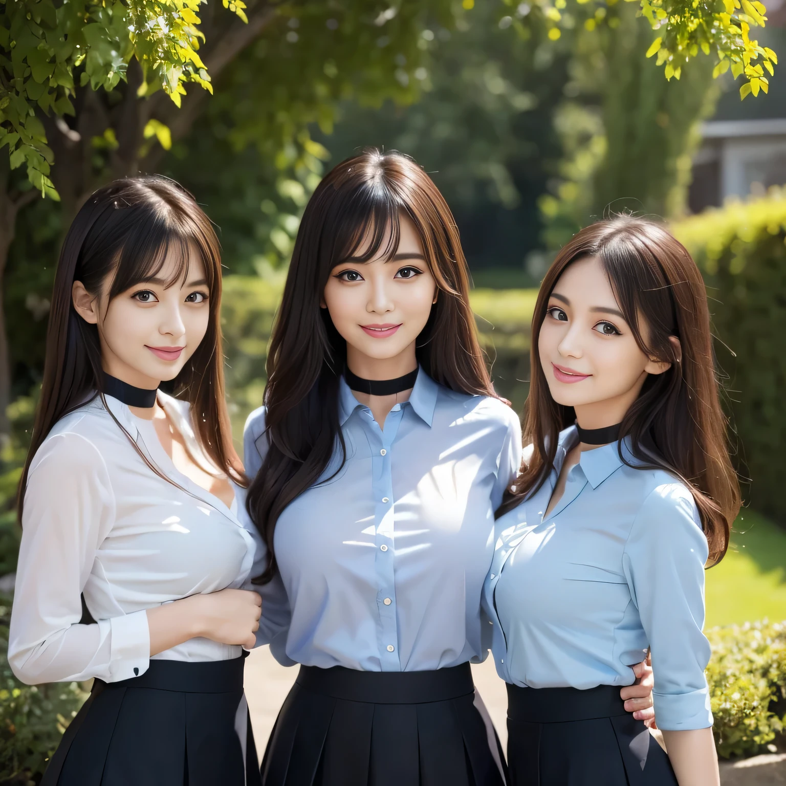 Group photo, Group photo, Very beautiful women, Highly detailed eyes, Highly detailed face, Sexy and highly detailed lips, Super detailed everything, Attractive woman, Black Choker, blue eyes, Very long eyelashes, bangs, Big Breasts, ((smile)), highest quality, masterpiece, ((Slim face)), Japanese actress, servant, ((High nose)), ((Tight shirt、See-through shirt)), Happy atmosphere, Fun smile,, mini skirt, garden