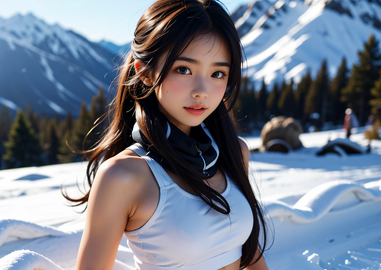 A beautiful girl skiing in a sports bra
