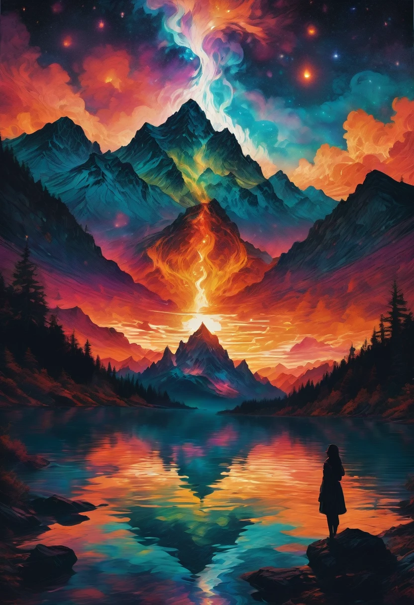 1girl, Campfire, aesthetic, (A beautiful sky, silhouette of a campfire, roaring fire, tent, on the shore by reflective crystal clear water, silhouettes of trees mountains, valleys, reflective clear water), hyperdetailed, color gradient, deep color, complementary colors, beautiful, complex, cosmic, elaborate ethereal, twilight, movement, calm, sincere, faith, perfect reflection