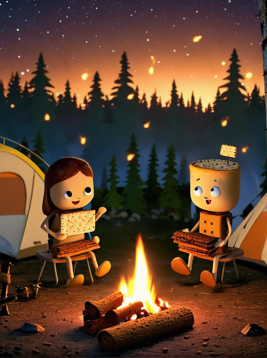 A vibrant, animated scene set in a camping ground under a star-studded night sky. In the middle of the site, there is a glowing bonfire with logs sitting in a stack nearby. Dancing around this fire are adorable little characters that greatly resemble smores, having marshmallow bodies, chocolate hair and graham cracker clothing. These cartoonish smores are engaged in various camping activities. Some are playfully chasing each other, some are sitting and telling humorous stories, while others are engaging in a game of tag. The whole area is lit by the flickering glow of the fire, which adds warmth and coziness to the whimsical scene.