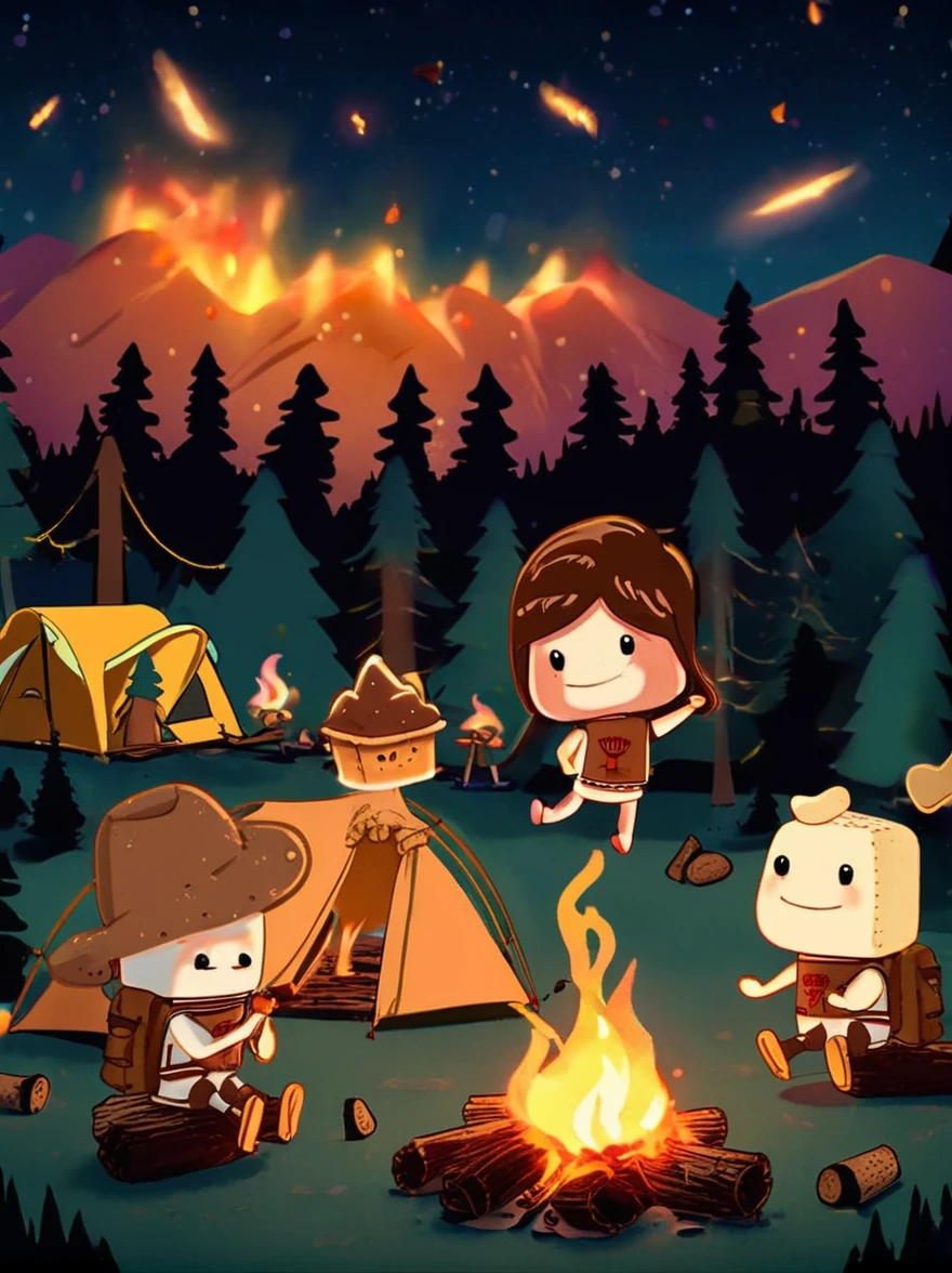 A vibrant, animated scene set in a camping ground under a star-studded night sky. In the middle of the site, there is a glowing bonfire with logs sitting in a stack nearby. Dancing around this fire are adorable little characters that greatly resemble smores, having marshmallow bodies, chocolate hair and graham cracker clothing. These cartoonish smores are engaged in various camping activities. Some are playfully chasing each other, some are sitting and telling humorous stories, while others are engaging in a game of tag. The whole area is lit by the flickering glow of the fire, which adds warmth and coziness to the whimsical scene.