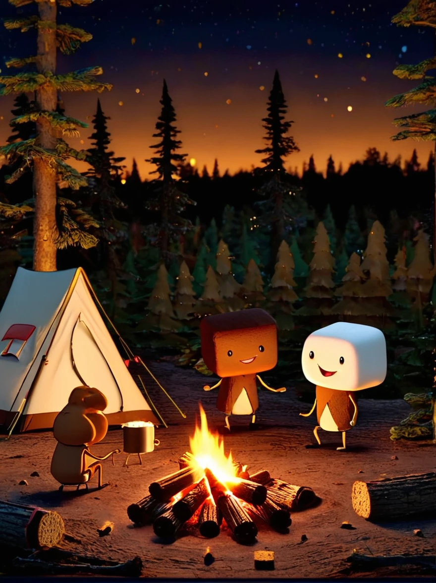 A vibrant, animated scene set in a camping ground under a star-studded night sky. In the middle of the site, there is a glowing bonfire with logs sitting in a stack nearby. Dancing around this fire are adorable little characters that greatly resemble smores, having marshmallow bodies, chocolate hair and graham cracker clothing. These cartoonish smores are engaged in various camping activities. Some are playfully chasing each other, some are sitting and telling humorous stories, while others are engaging in a game of tag. The whole area is lit by the flickering glow of the fire, which adds warmth and coziness to the whimsical scene.