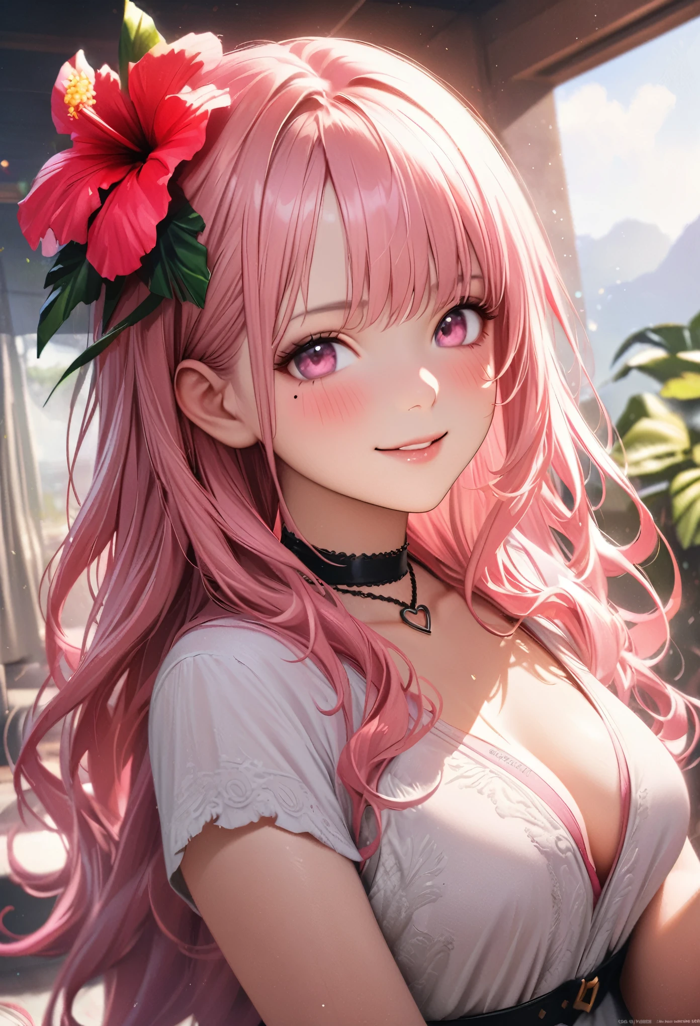 masterpiece, highest quality, Very detailed, High resolution, Expensive resolution, High resolution, 4K, 8k, unity 8k wallpaper, Very detailed CG, masterpiece, Realistic、 Beautiful details, depth, Fine texture, highest quality: 1.3, Total concentration, Crisp skin, he, Very cute anime, Cute like an idol, expensive pink long hair, One Girl, Aloha One Piece, morning, morning食, Hibiscus Hair Accessories, Smiling long pink hair, whole body, Mole under eye, Line Sight, expensive, blush, Lips parted, heart, Pink Eyes, choker