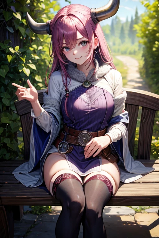 masterpiece, best quality, ultra-detailed, beautiful detailed eyes, extremely detailed eyes and face, 1girl, flarejioral, sidelocks, cleavage, cape, long sleeves, white skirt, pleated skirt, white thighhighs, boots, white footwear, cross-laced footwear, knee boots, ((large breasts)),sitting crossing leg, looking at viewer, smiling, forest, cowboy shot,pink hair