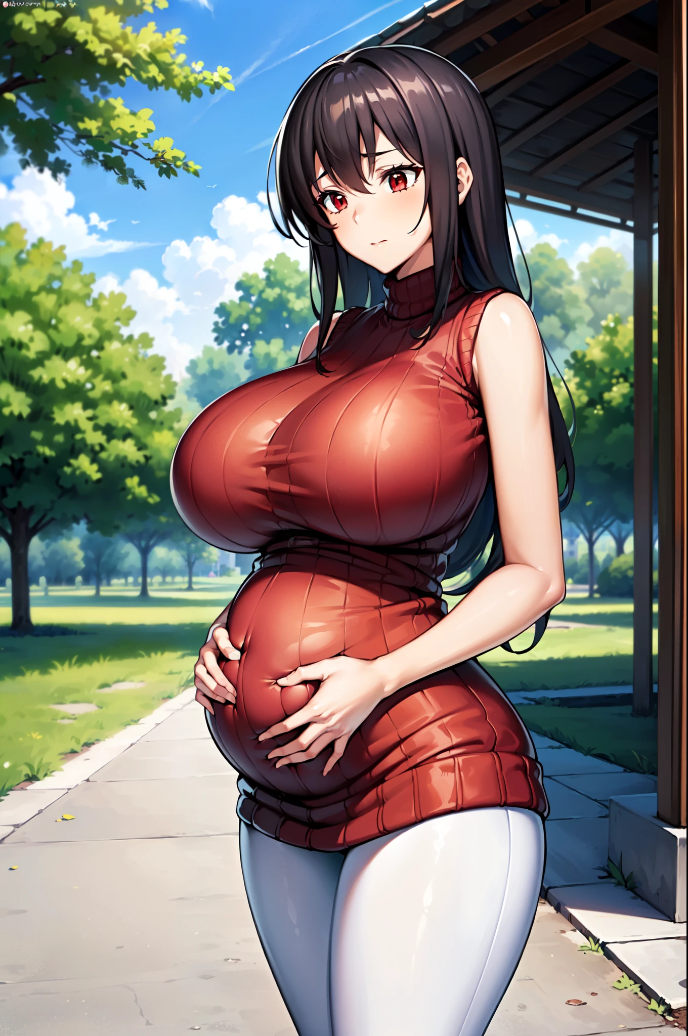 masterpiece, best quality, extremely detailed, 1girl, milf, solo, aaraynare, (huge breasts:1.3), ((((black hair), long hair, red eyes))), purple lips, (((sweater dress, sleeveless, white pantyhose))), (pregnant), ((shy, confused), closed mouth), ((hands on own stomach, outdoor, gazebo, castle))