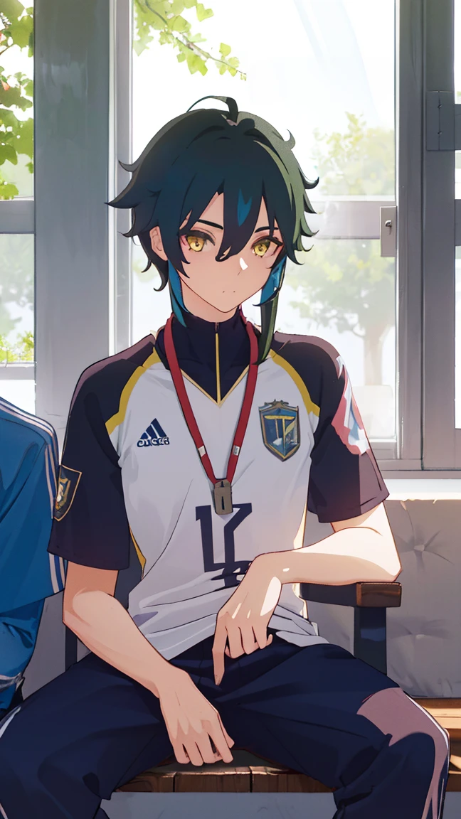 2 boys,dark green hair,highest quality,masterpiece,excessive,male focus,yellow eyes,beautiful eyes,beautiful boy,School,between men,Spouse,soccer club members,Blue soccer uniform,soccer,high school,soccer uniform,blue clothes,soccer court,teammate,same clothes,shoulder to shoulder,feminine,good friend,best image quality,