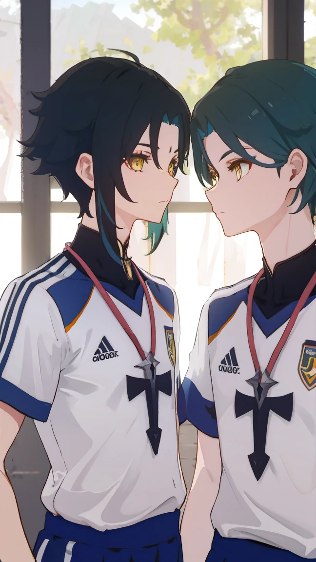 2 boys,dark green hair,highest quality,masterpiece,excessive,male focus,yellow eyes,beautiful eyes,beautiful boy,School,between men,Spouse,soccer club members,Blue soccer uniform,soccer,high school,soccer uniform,blue clothes,soccer court,teammate,same clothes,shoulder to shoulder,feminine,good friend,best image quality,