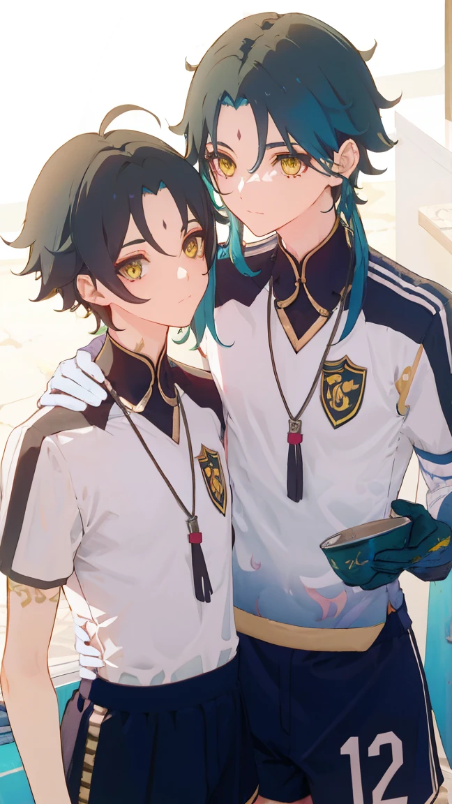 2 boys,dark green hair,highest quality,masterpiece,excessive,male focus,yellow eyes,beautiful eyes,beautiful boy,School,between men,Spouse,soccer club members,Blue soccer uniform,soccer,high school,soccer uniform,blue clothes,soccer court,teammate,same clothes,shoulder to shoulder,feminine,good friend,best image quality,