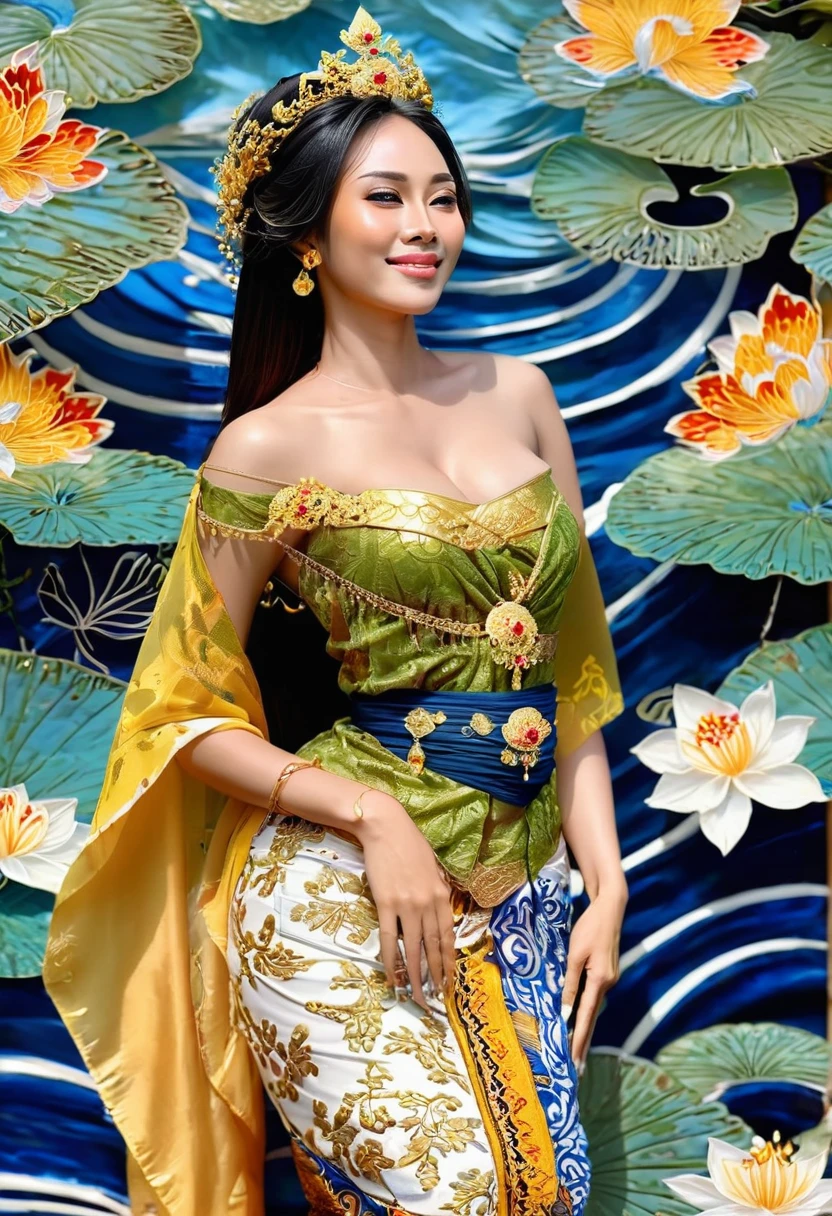 masterpiece, the best art, a beautiful Javanese woman, full body, long hair with the wind, smiling face and a little serious, beautiful woman with a charming smile, long hair, wearing a small gold crown, arranged jasmine (ronce) hanging down her chest from her ears to her chest, wearing a green camisole (kemben), lots of gold jewelry, yellow shawl, obi gold, lots of jewels, white batik finger cloth with parang motifs, looks like a very beautiful queen. blue and white billowing, standing on blue water with waves and with dramatic effect, surrounded by water swirling, creating a mystical atmosphere, fractal art, bright and glowing in the center with dark backgrounds, water manipulation, intricate details, hyperrealistic, full body