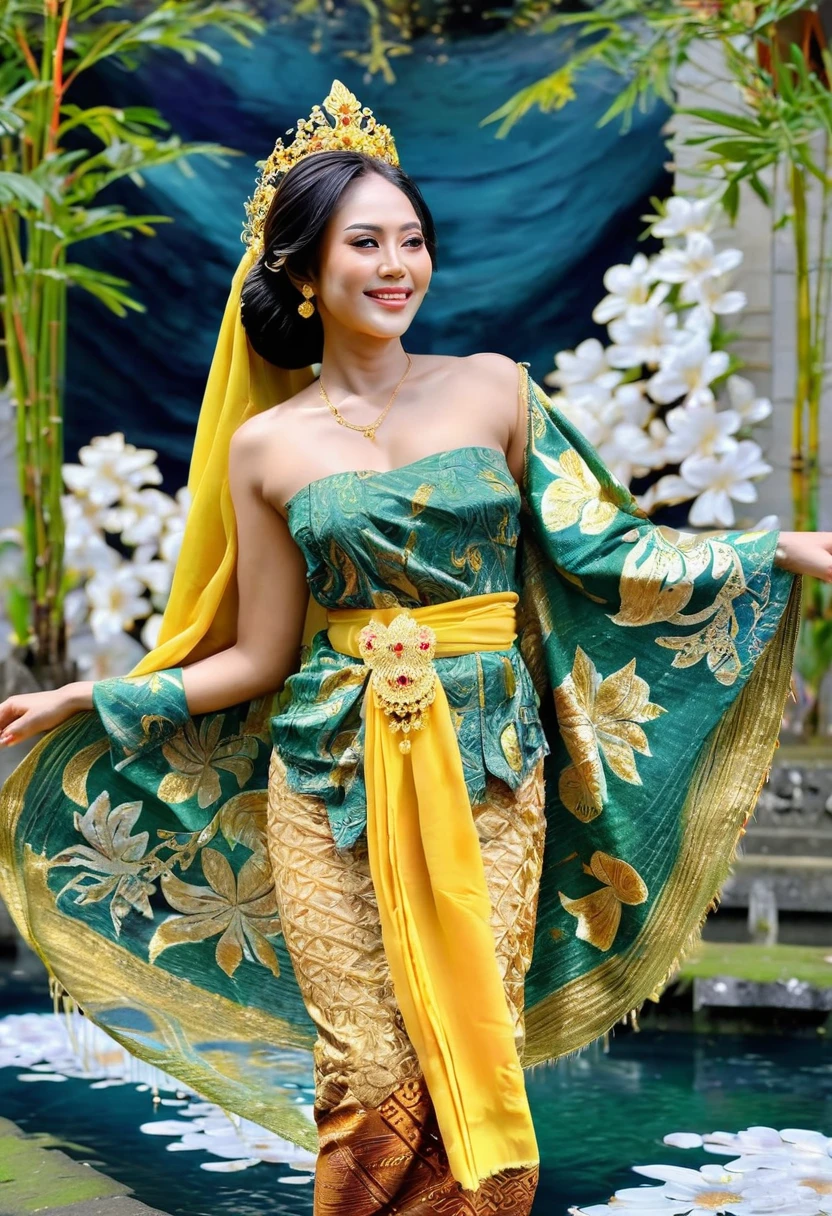 masterpiece, the best art, a beautiful Javanese woman, full body, long hair with the wind, smiling face and a little serious, beautiful woman with a charming smile, long hair, wearing a small gold crown, arranged jasmine (ronce) hanging down her chest from her ears to her chest, wearing a green camisole (kemben), lots of gold jewelry, yellow shawl, obi gold, lots of jewels, white batik finger cloth with parang motifs, looks like a very beautiful queen. blue and white billowing, standing on blue water with waves and with dramatic effect, surrounded by water swirling, creating a mystical atmosphere, fractal art, bright and glowing in the center with dark backgrounds, water manipulation, intricate details, hyperrealistic, full body