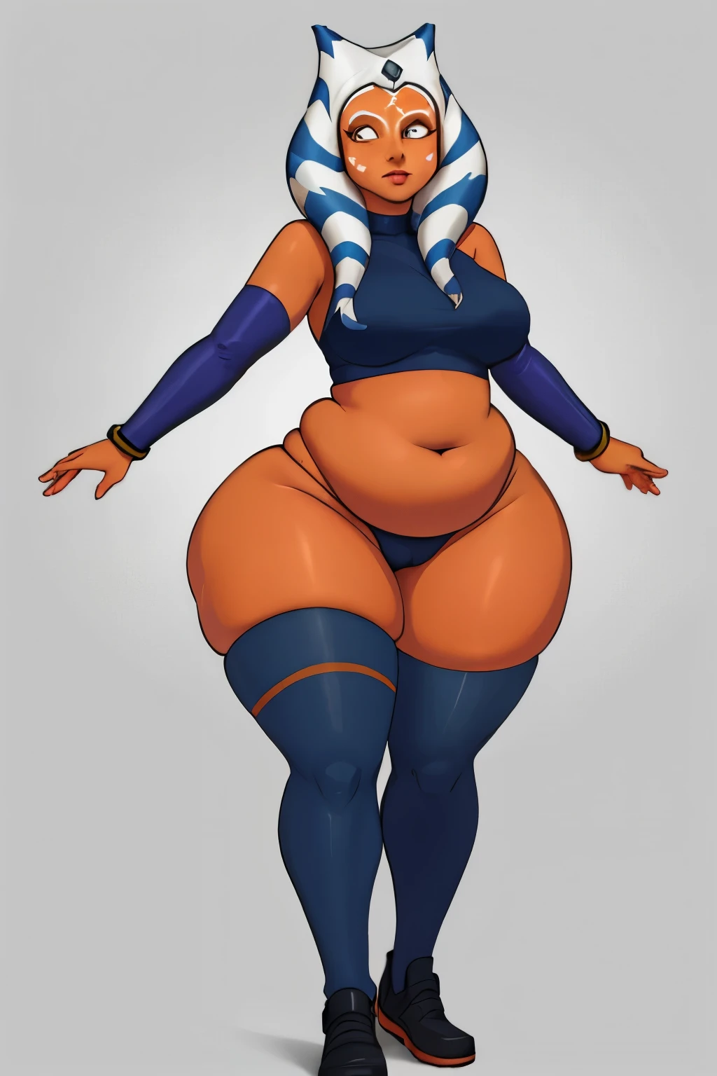 1woman, orange skin, Ahsoka Tano, wide hips, thick thighs, chubby belly. pear shaped body. wider hips, fat.