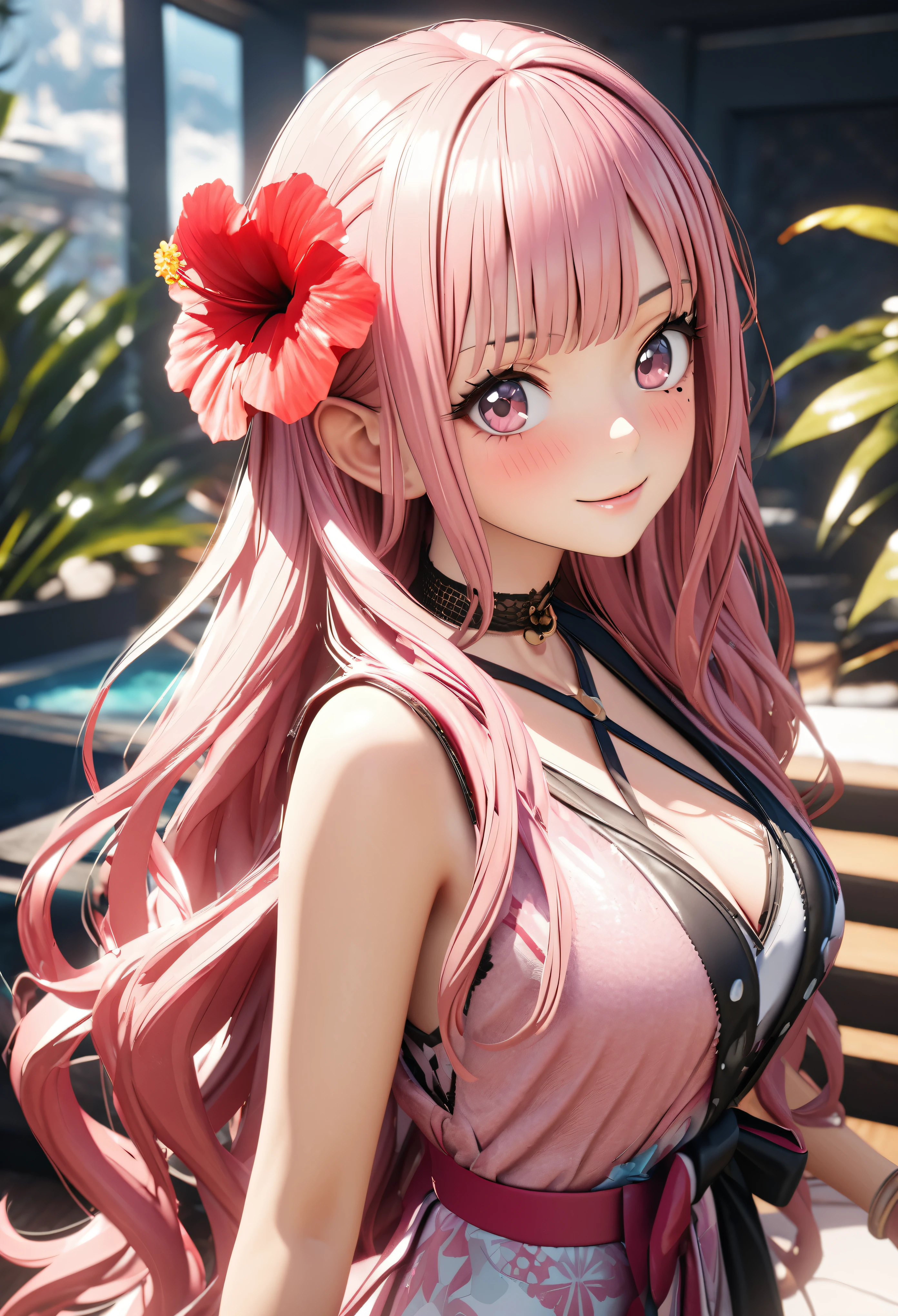 masterpiece,highest quality, Very detailed, High resolution, expensive resolution, High resolution, 4K, 8k, unity 8k wallpaper, Very detailed CG, masterpiece, 2D, 3D, Beautiful details, depth, Fine texture , highest quality: 1.3, Fully focused, Crispy.skin, .he,
Very cute anime girl 、Bikini、Large Breasts、ピンクのセミロングヘア wearing expensive , One Girl、Palm tree、Seaside, Mole under the eye, looking at the viewer , expensive , blush, Mole, Lips parted, Hibiscus hair accessory, heart, Pink Eyes, choker