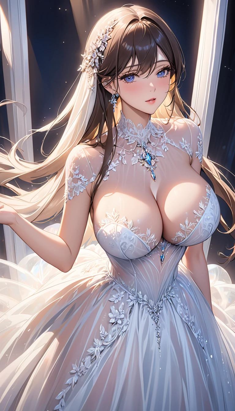 masterpiece:1.4,best-quality,Super Detail,Very Delicate and Beautiful, ( nsfw, 29 years old beautiful woman, long hair ), very gigantic breasts, very slender, sheer ball gown, lace ball gown, see-through ball gown, dark ball gown