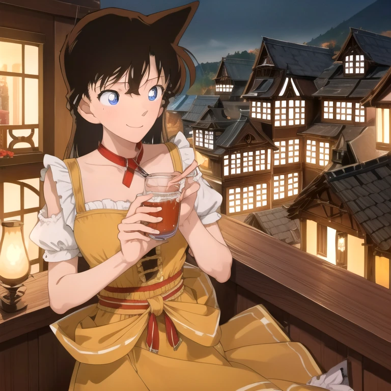 astounding,realistic skin texture,masterpiece,intricate detail,8K,skinny, mouri ran in a skin tight dirndl,relaxing on a terrace in the german houses,shy smile,Sharp from front to back,high face details,detective conan